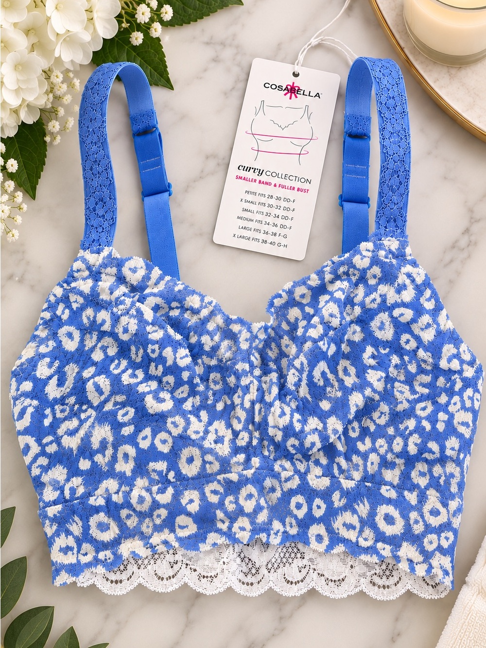 Cosabella Curvy Lace Bralette Blue White Leopard Print NWT
